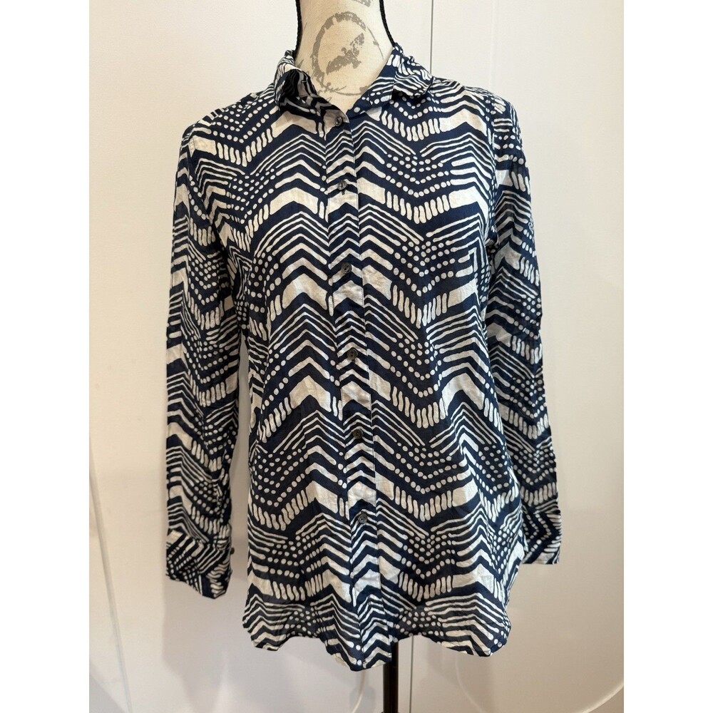 J.Crew Boy Button Down Shirt Geo Silk Blend Blue White Size 4